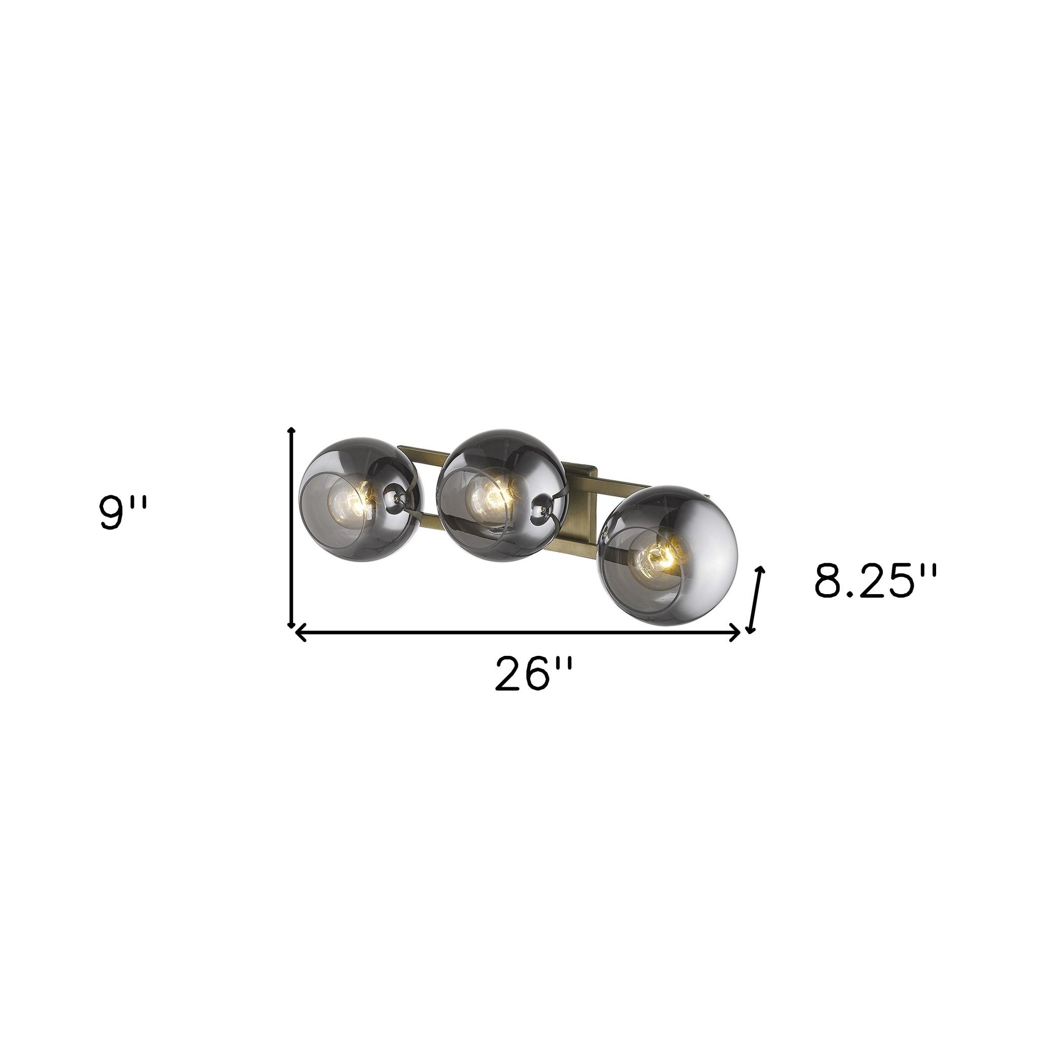 A lighted Aged brass sconce with three smoked handblown glass shades, emitting a warm light, from the Lunette collection shown with dimensions
