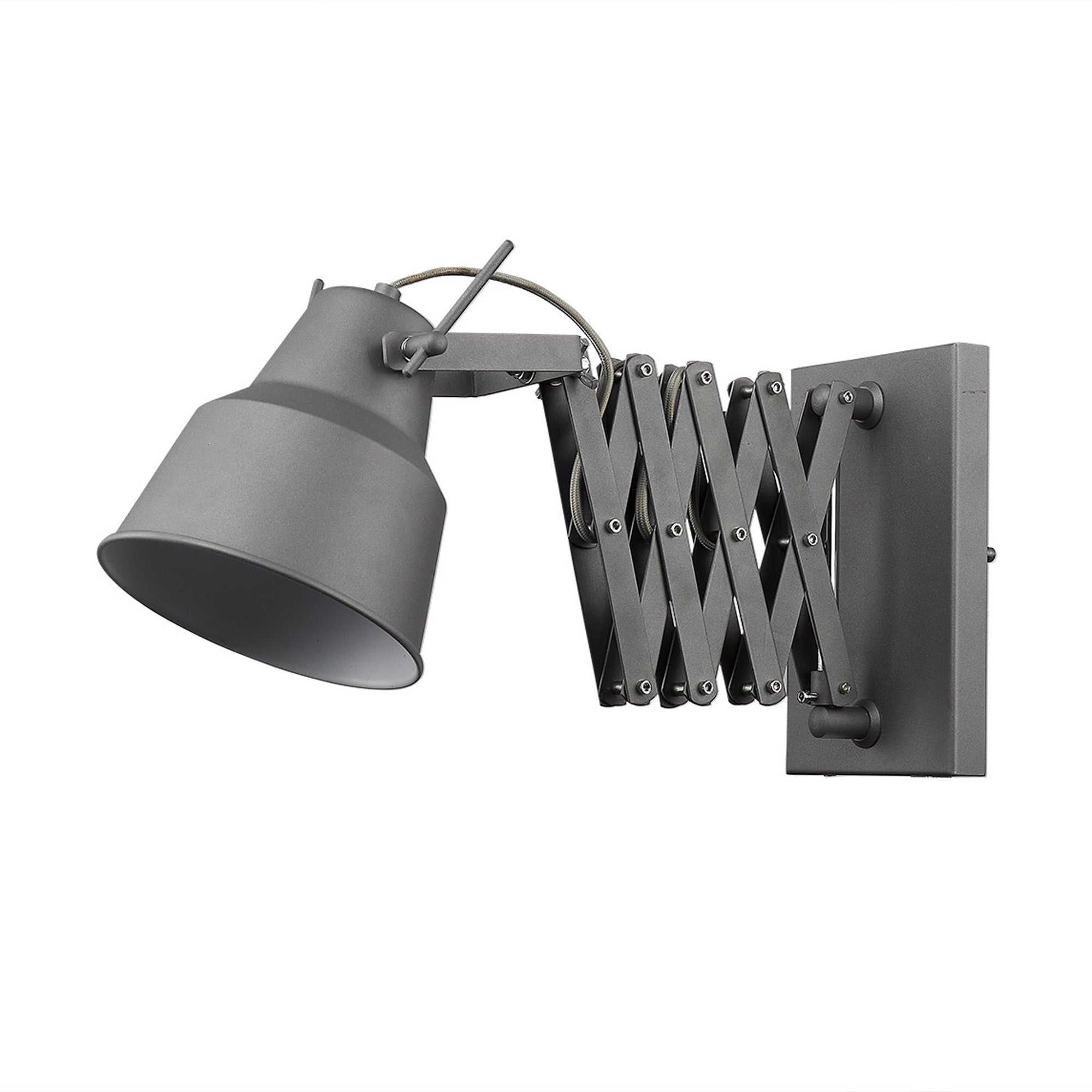 An angled view of a single bulb accordion gray sconce with an extendable arm and an adjustable head, set against a white background.