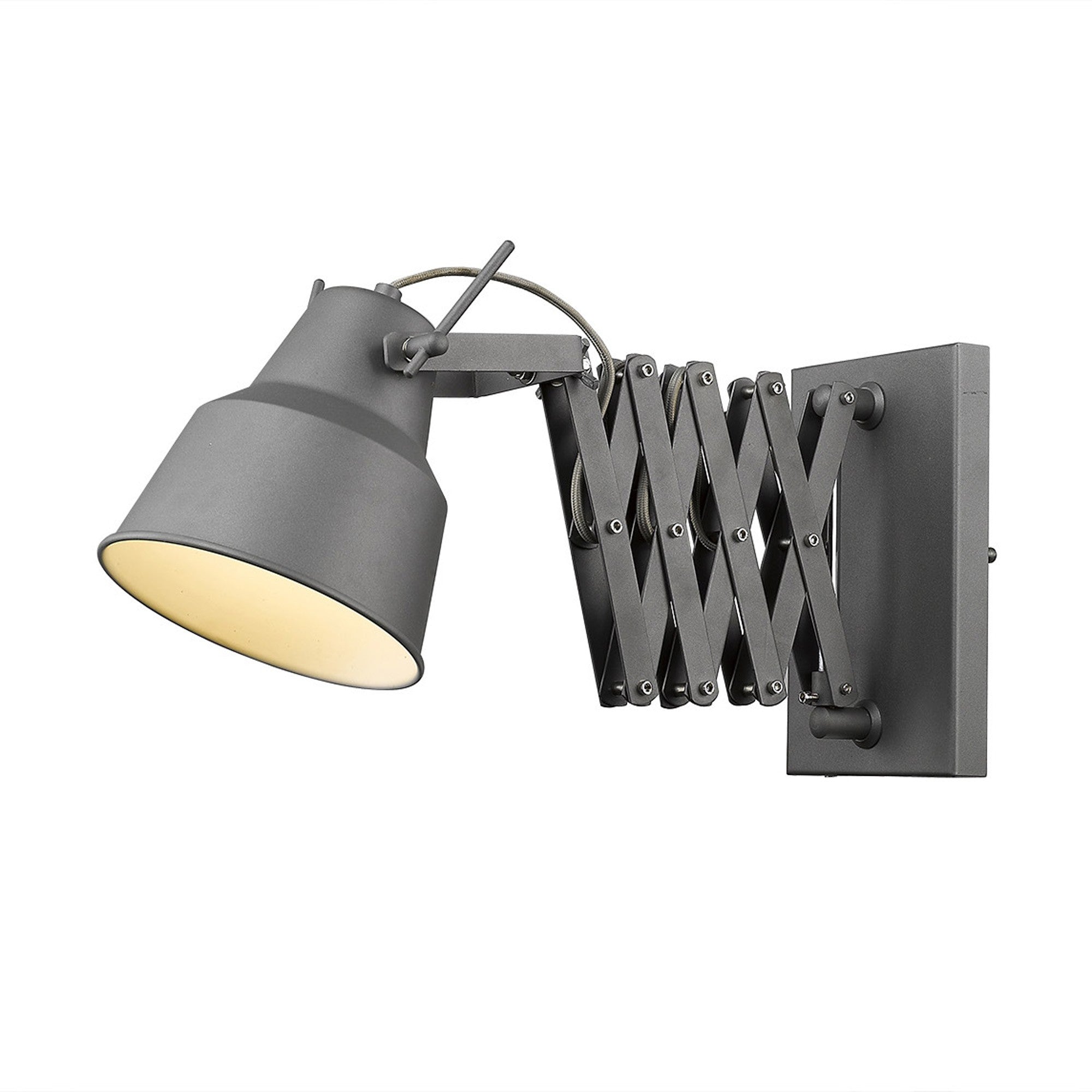 An angled view of a lighted single bulb accordion gray sconce with an extendable arm and an adjustable head, set against a white background.