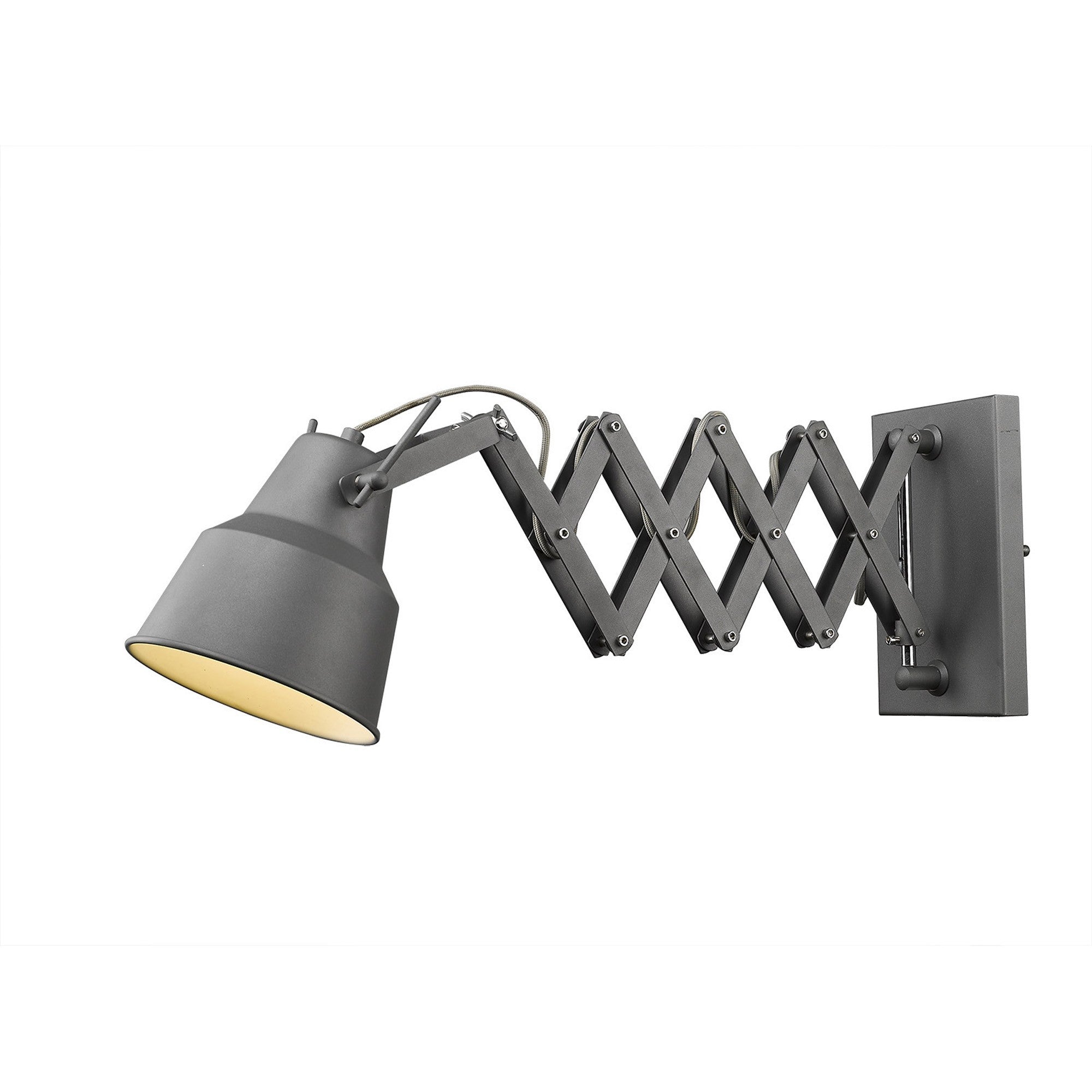 An angled view of a lighted single bulb accordion gray sconce with extendable arm extended and an adjustable head, set against a white background.
