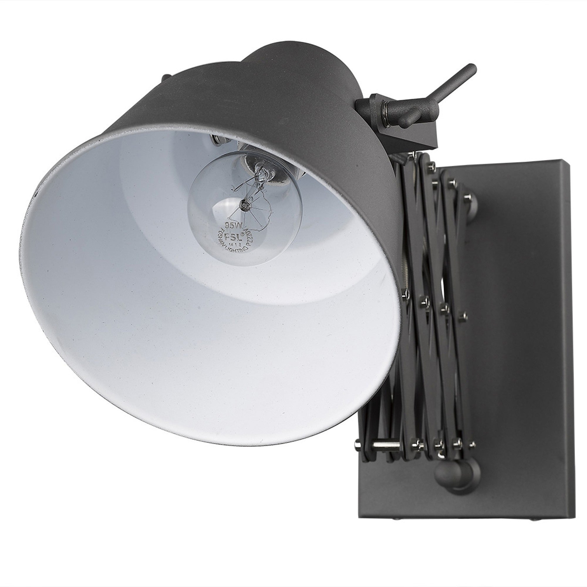 An font view view of a single bulb accordion gray sconce with an extendable arm and an adjustable head, set against a white background.