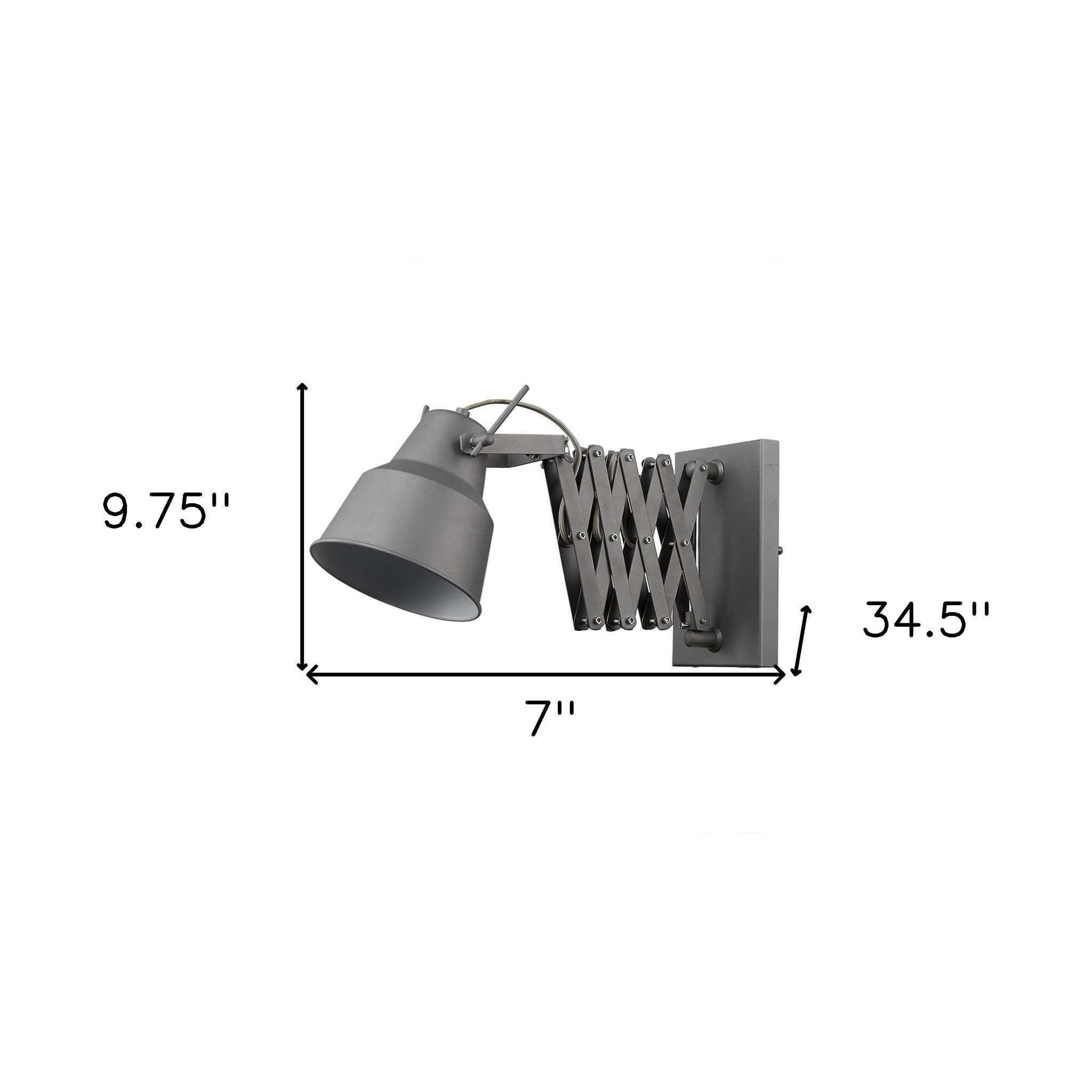 A single bulb accordion gray sconce with an extendable arm and an adjustable head, set against a white background shown with dimensions