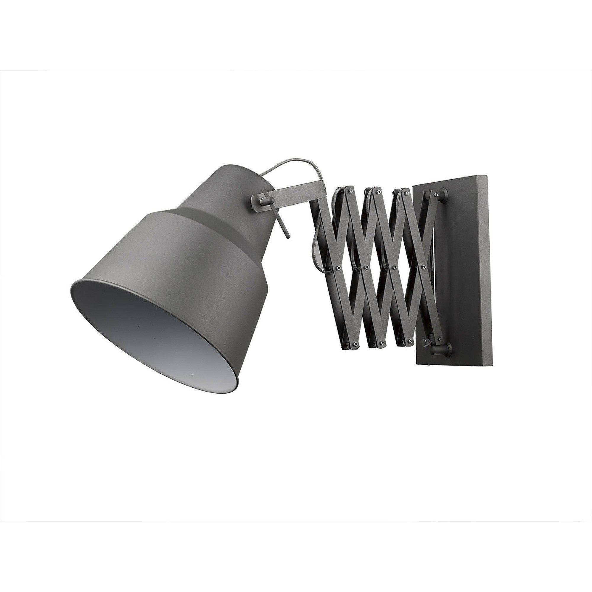An angled view of a gray accordion-style wall sconce with an extendable arm and an adjustable head, designed for mounting on a wall.