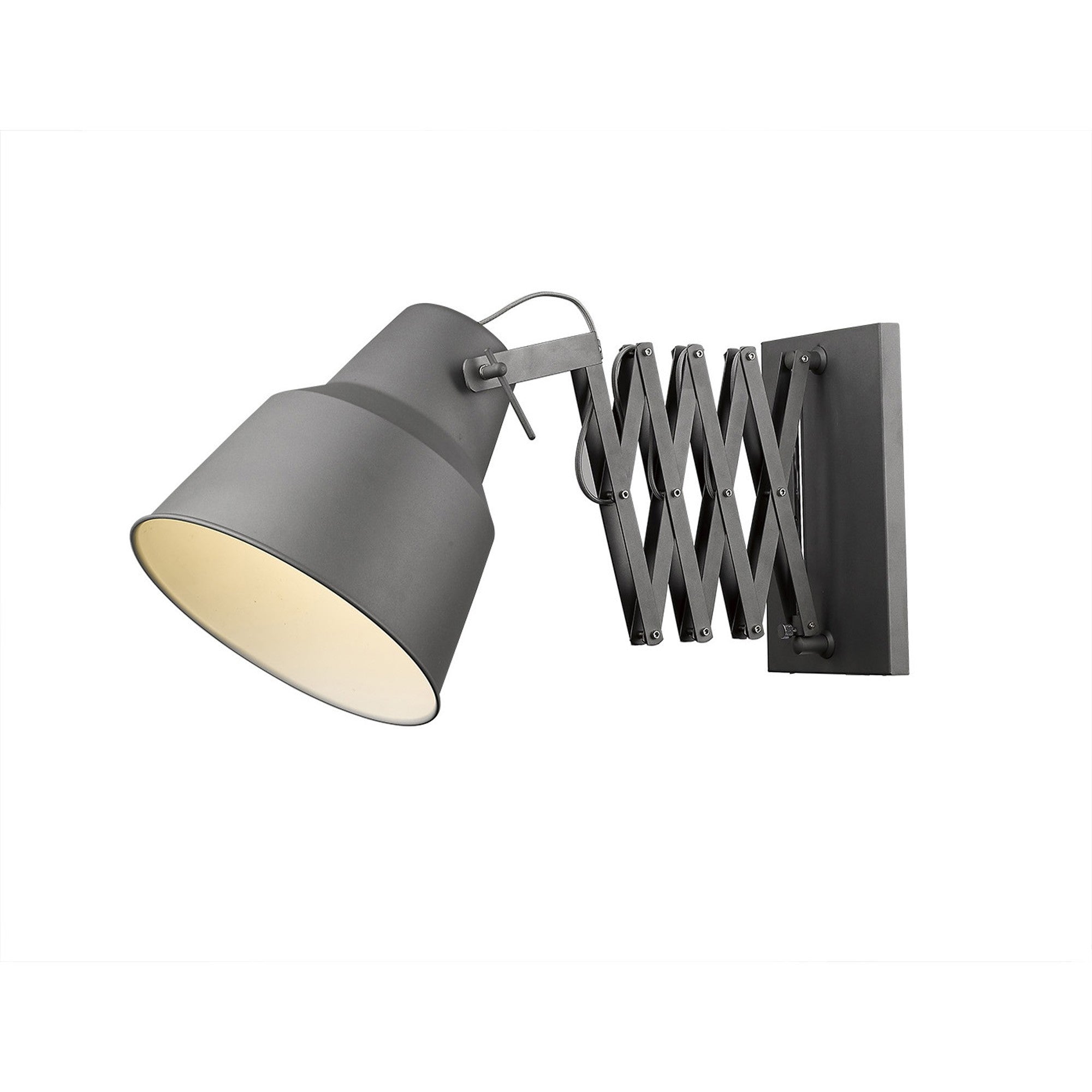 An angled view of a lighted gray accordion-style wall sconce with an extendable arm and an adjustable head, designed for mounting on a wall.