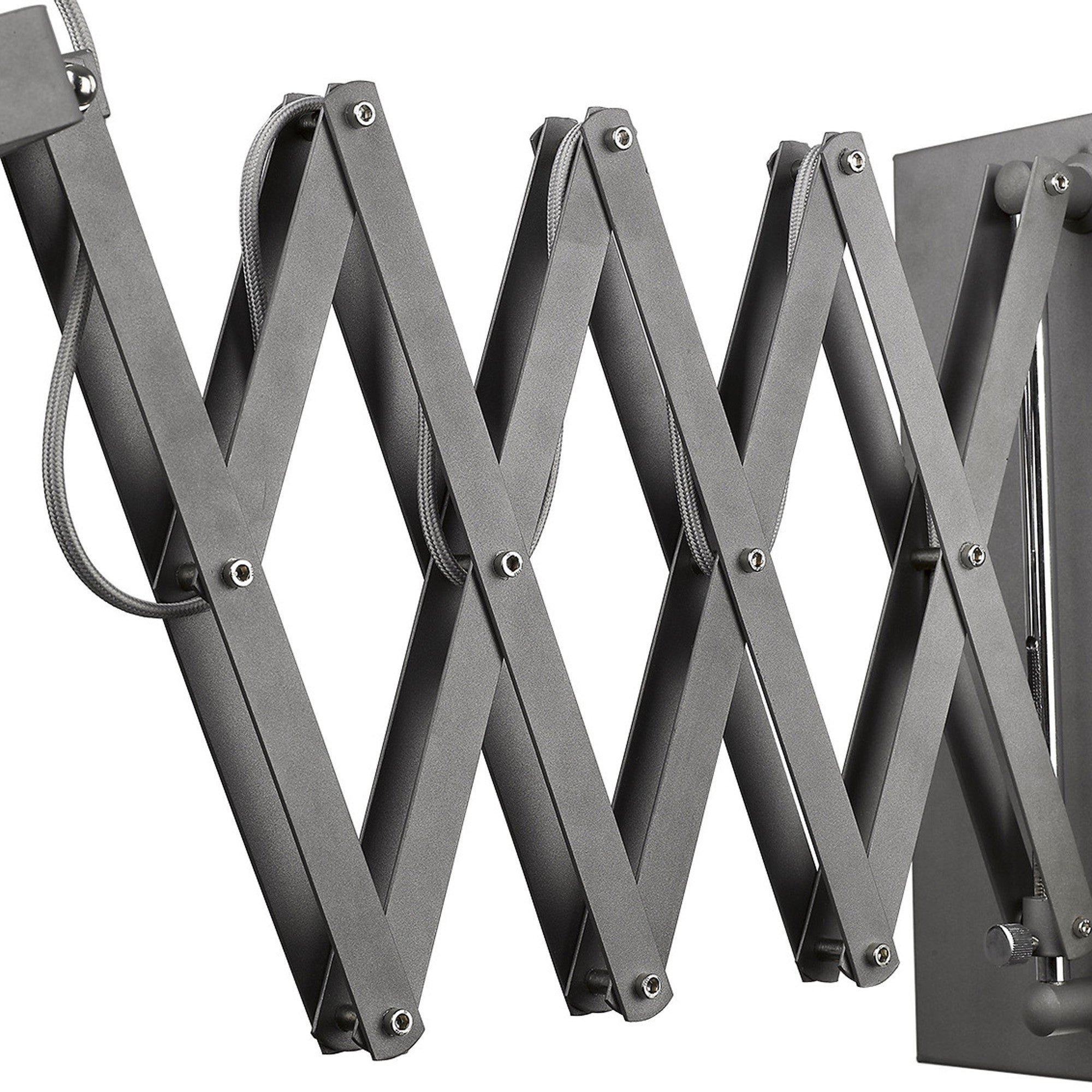 Close up view of the gray extendable arm mechanism
