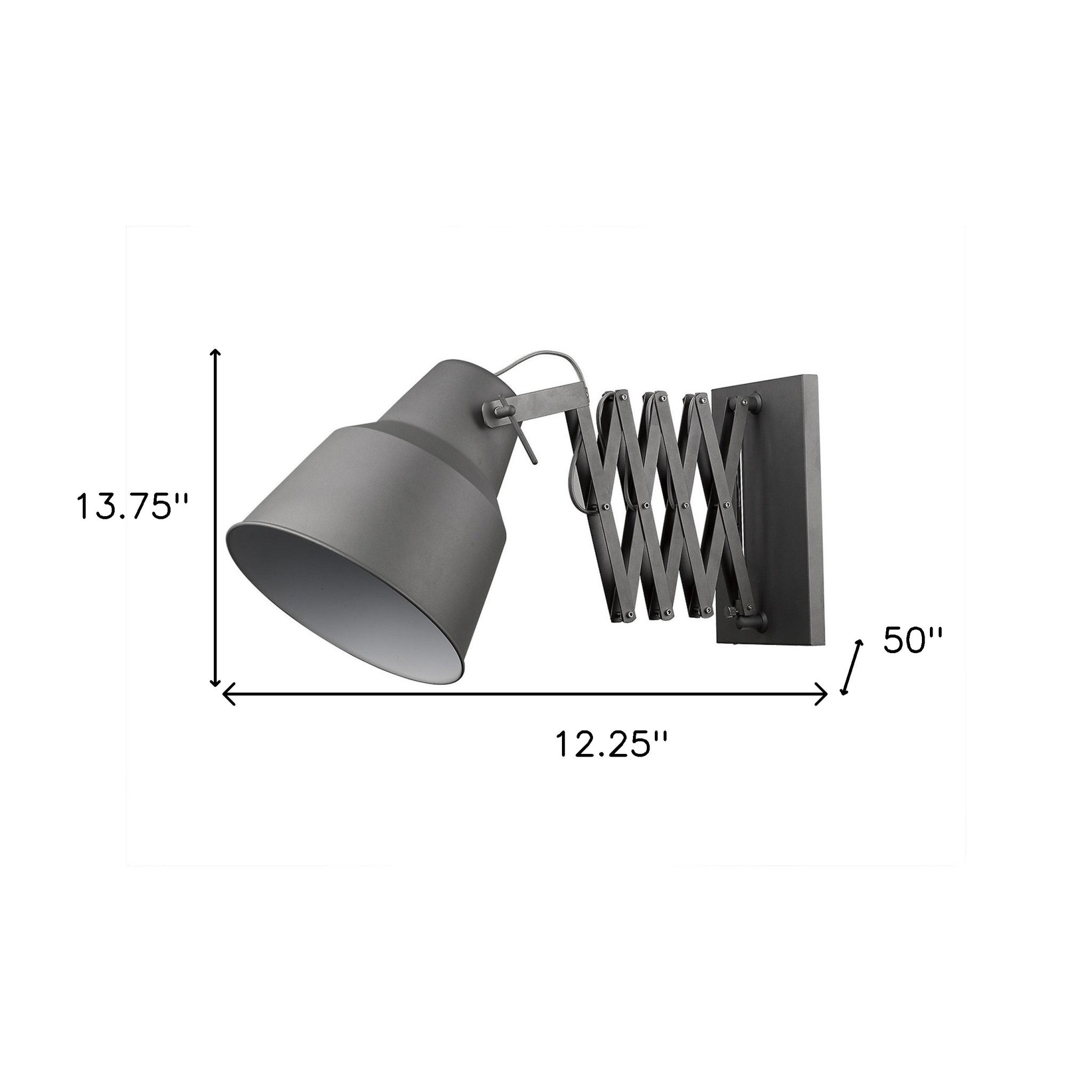 An angled view of a gray accordion-style wall sconce with an extendable arm and an adjustable head, designed for mounting on a wall shown with dimensions