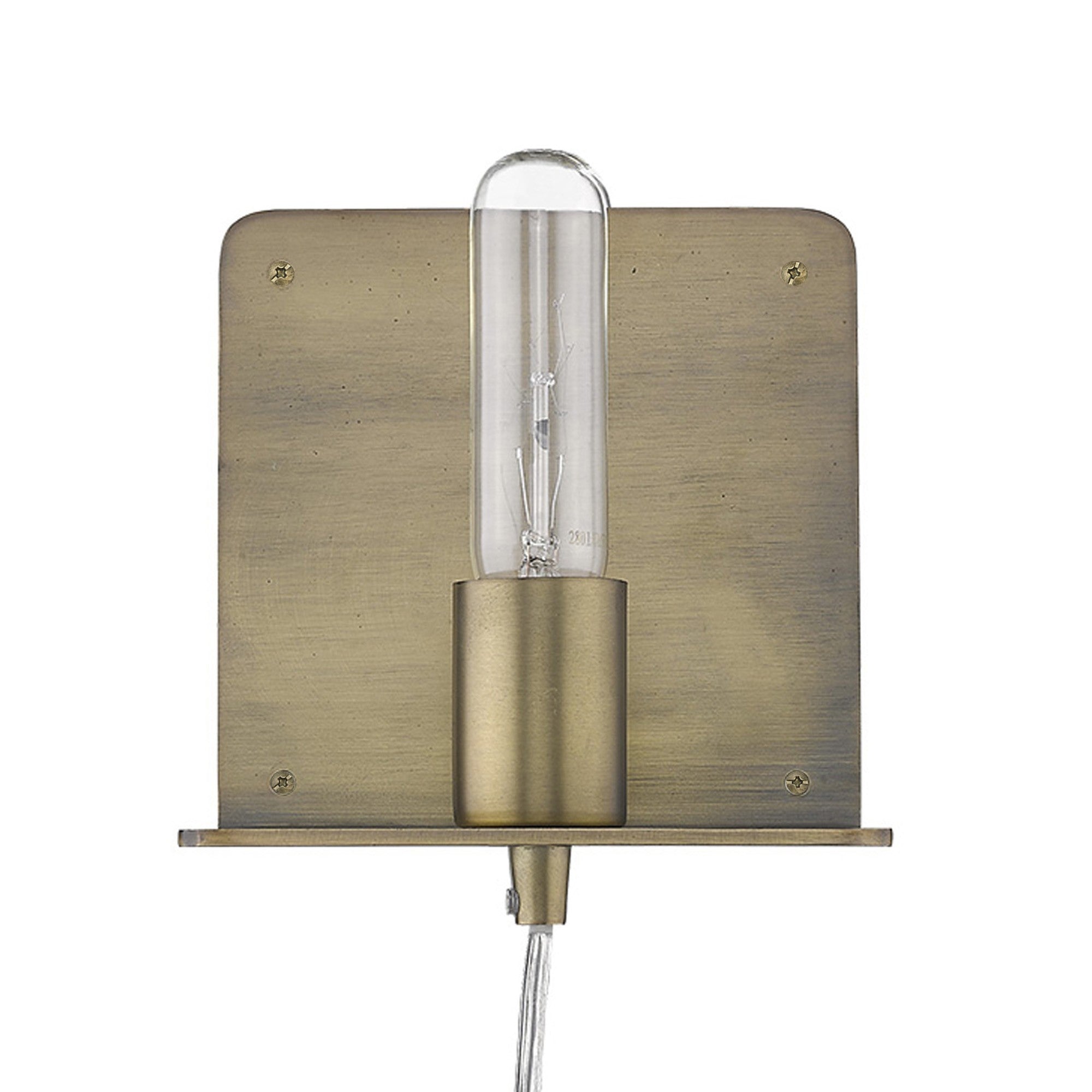 A front view of a dull gold Petite Shelf Wall Light with a clear glass bulb and a shelf below, mounted on a wall.