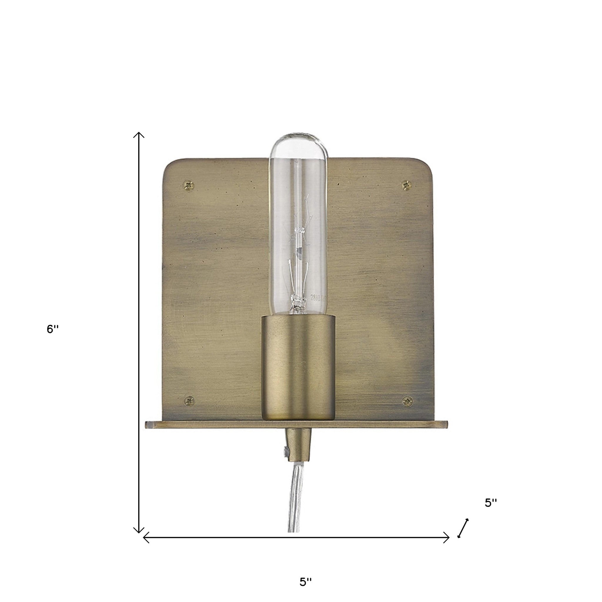 A front view of a dull gold Petite Shelf Wall Light with a clear glass bulb and a shelf below shown with dimensions