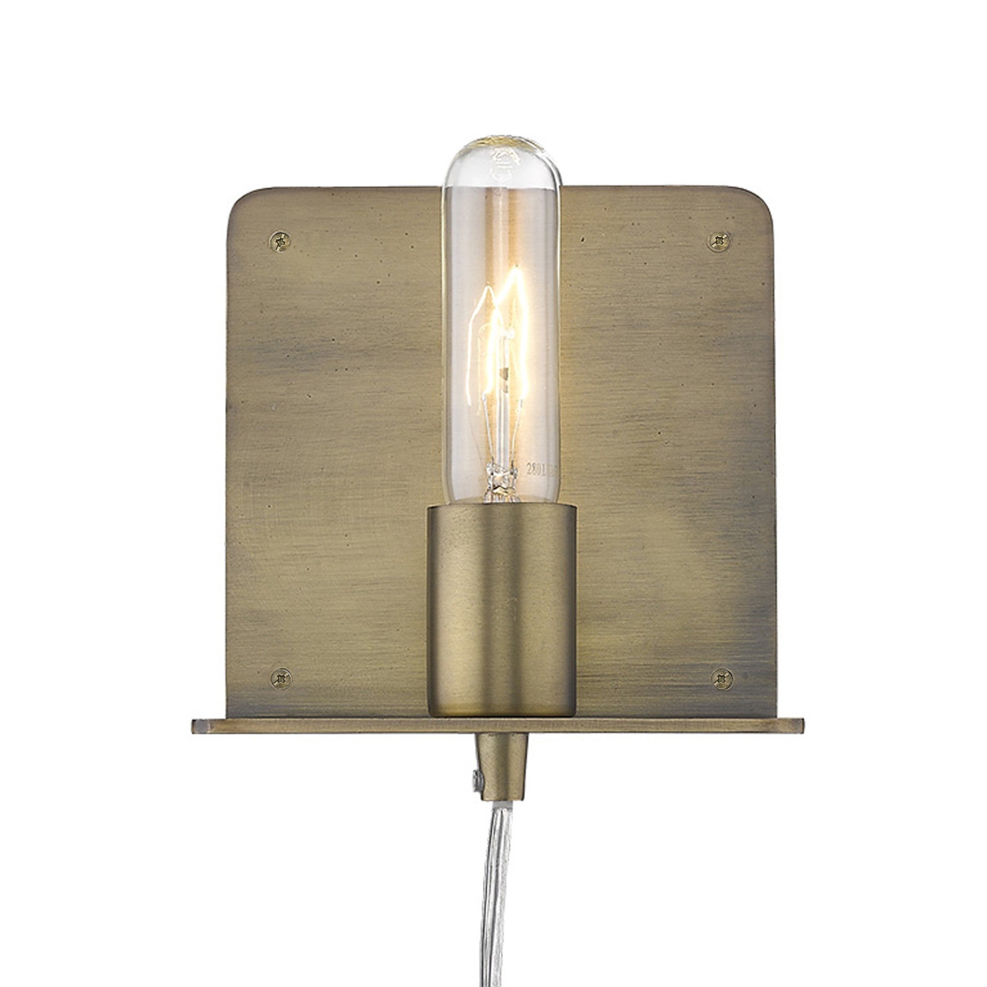 A front view of a lighted dull gold Petite Shelf Wall Light with a clear glass bulb and a shelf below, mounted on a wall.