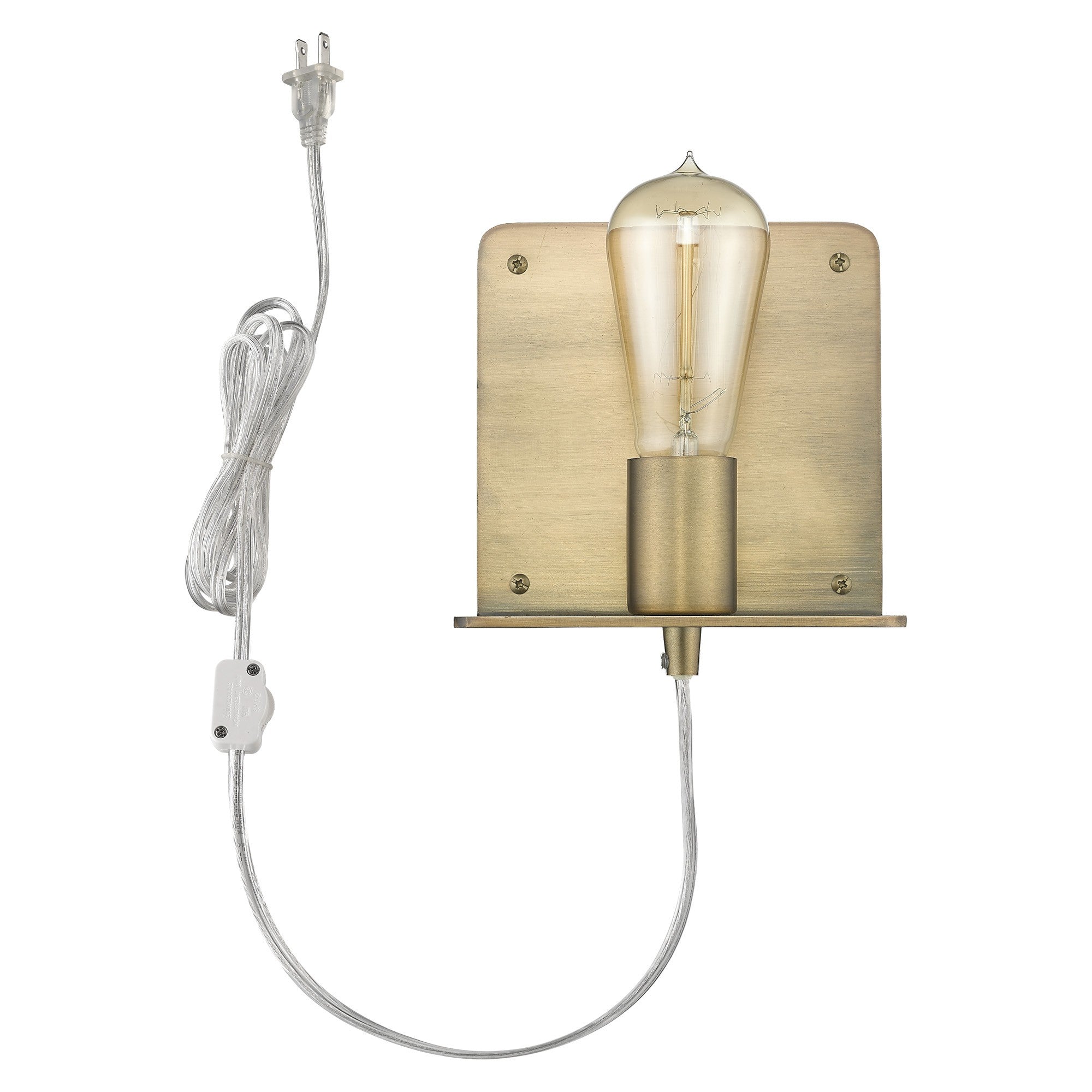 A front view of a dull gold Petite Shelf Wall Light with a clear glass bulb and a shelf below, mounted on a wall with plug-in cord
