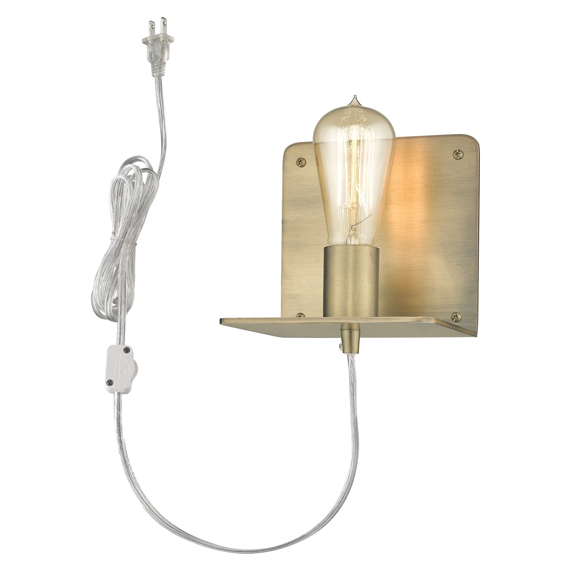 A front view of a lighted dull gold Petite Shelf Wall Light with a clear glass bulb and a shelf below, mounted on a wall with plug-in cord