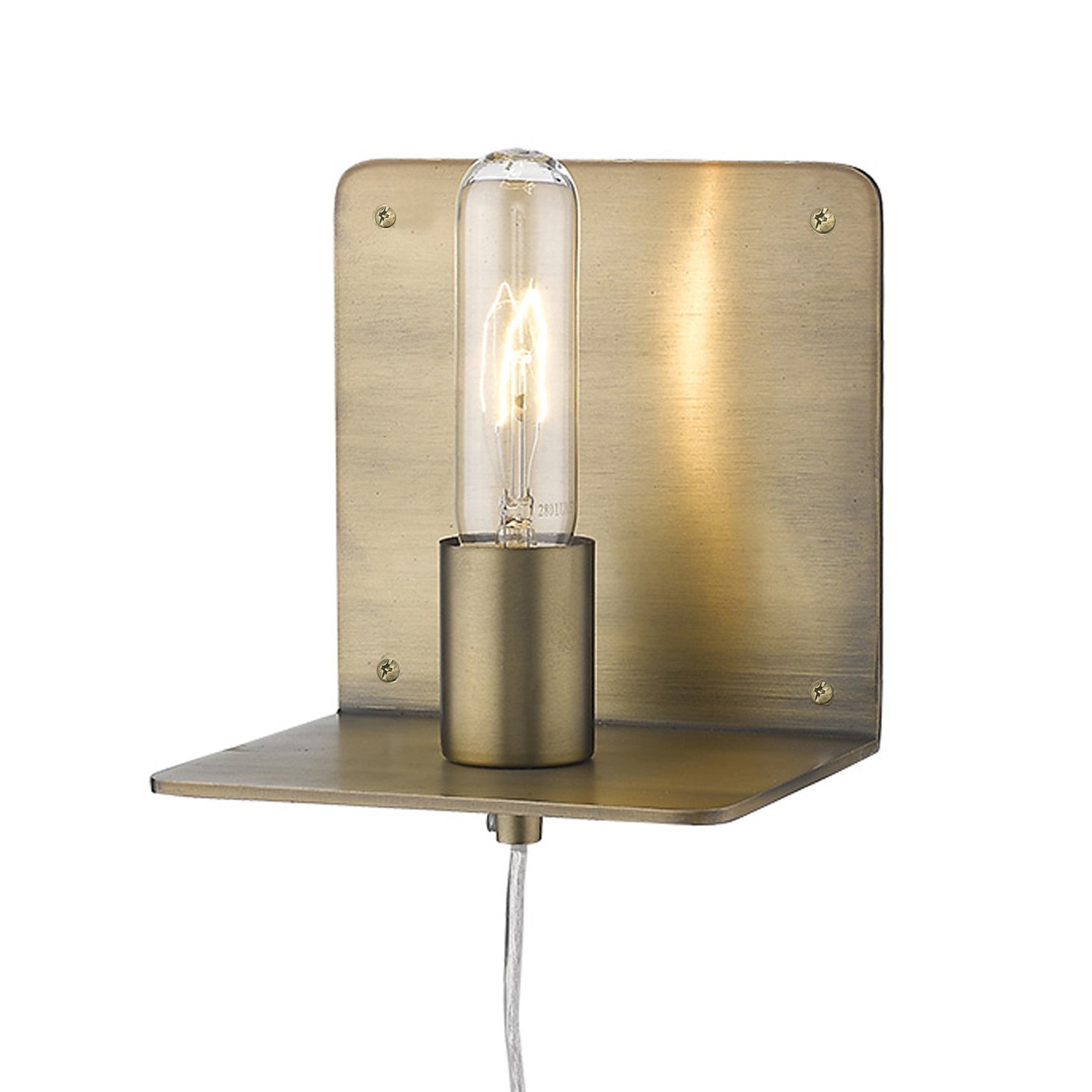 A top down angled view of a lighted dull gold Petite Shelf Wall Light with a clear glass bulb and a shelf below, mounted on a wall.