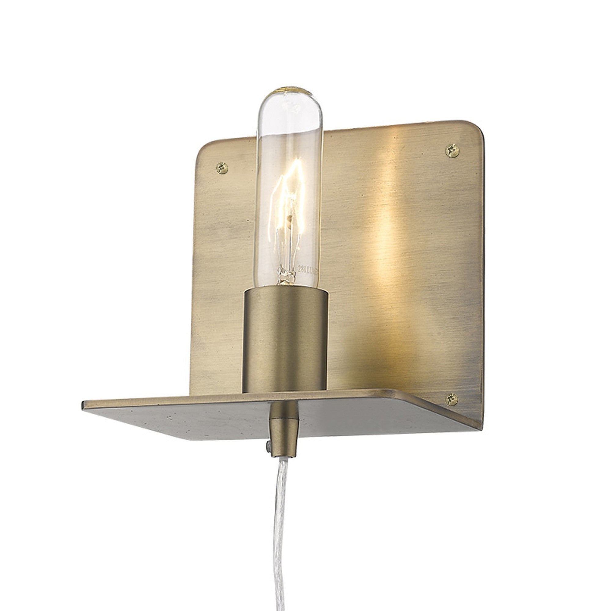 A bottom up angled  view of a lighted dull gold Petite Shelf Wall Light with a clear glass bulb and a shelf below, mounted on a wall.