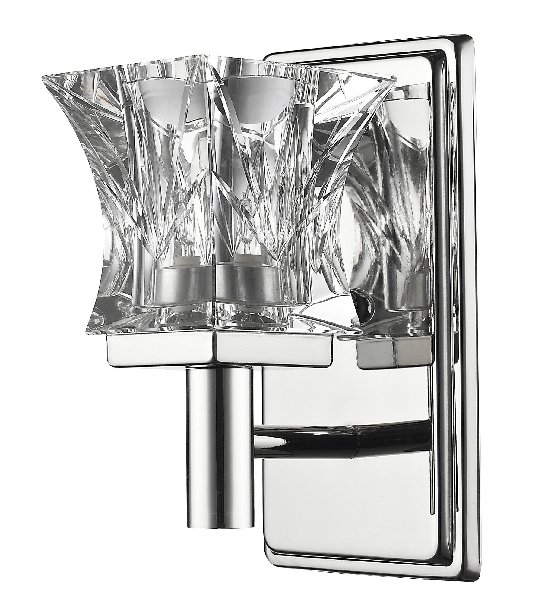 Modern crystal wall sconce with faceted glass shade and polished chrome backplate – luxury accent lighting