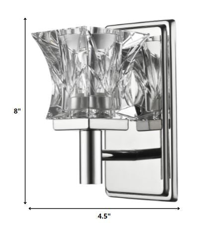 Modern crystal wall sconce with faceted glass shade and polished chrome backplate – luxury accent lighting shown with dimensions