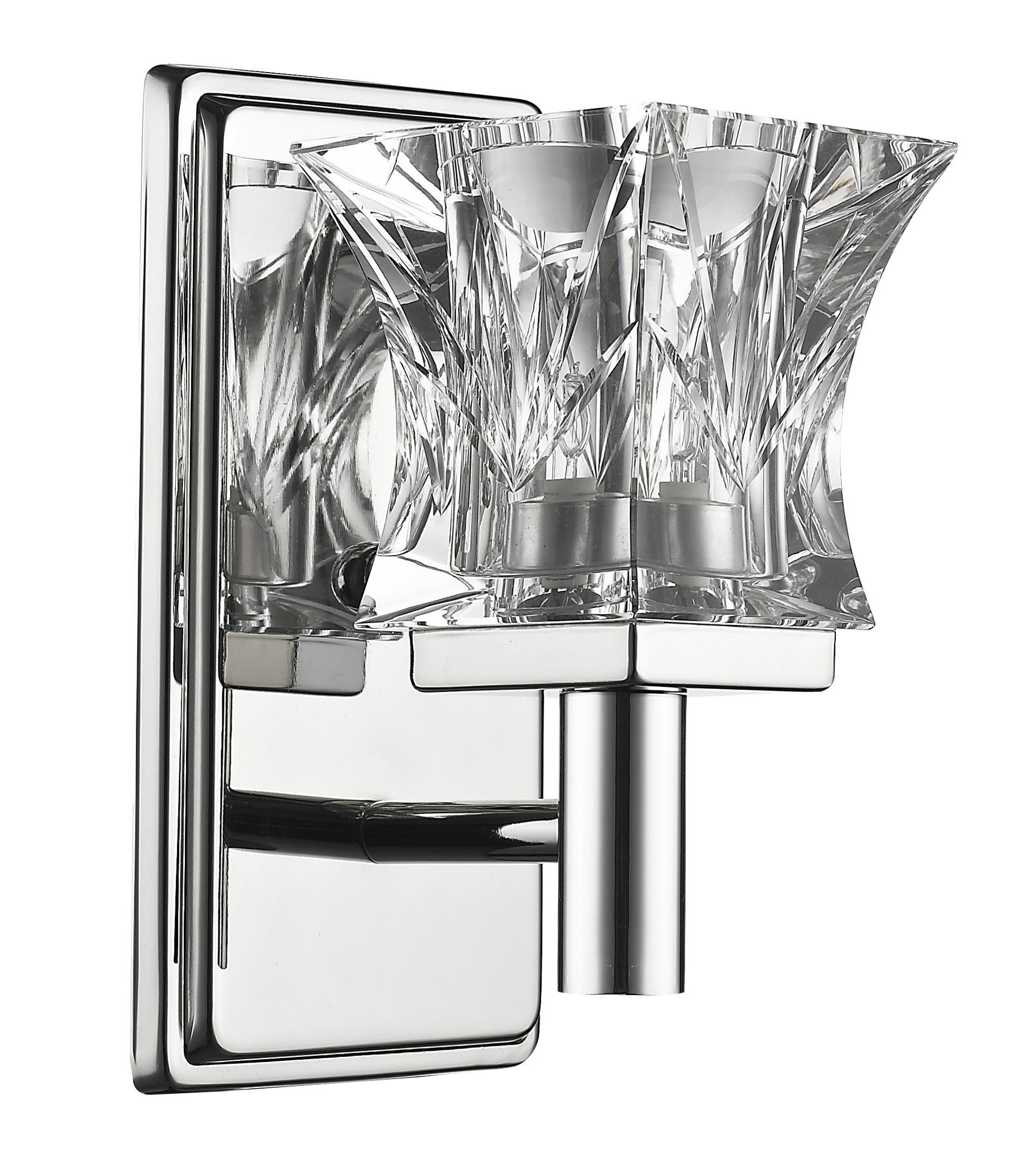 Angled view of the Arabella Modern crystal wall sconce with faceted glass shade and polished chrome backplate – luxury accent lighting