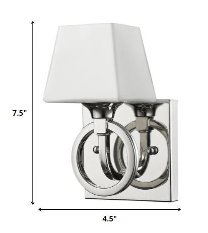 Polished chrome ring wall sconce with square white tapered shade – modern glam lighting shown with dimensions