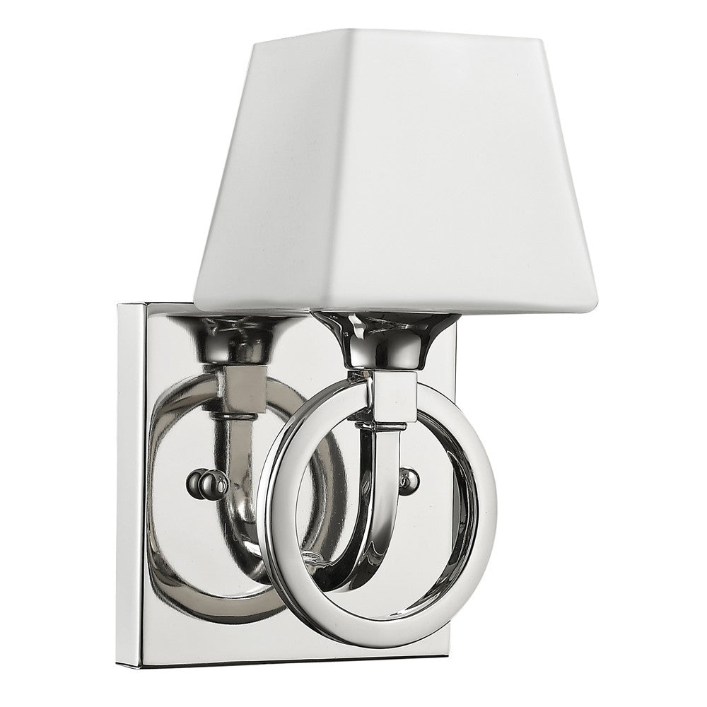 Angled view of the Polished chrome ring wall sconce with square white tapered shade – modern glam lighting