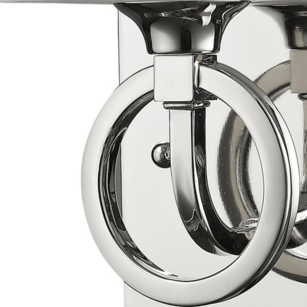 Zoomed in view of the decorative arm and ring on the Polished chrome ring wall sconce with square white tapered shade – modern glam lighting