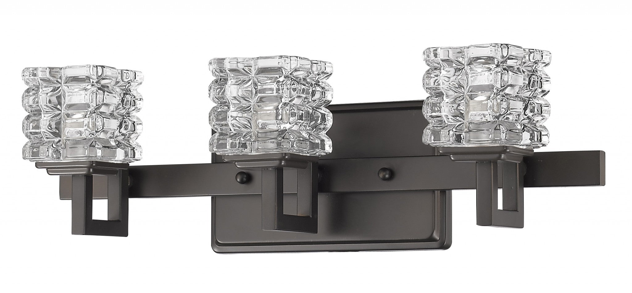 Coralie Three-light bronze wall vanity fixture with stacked clear crystal cube shades