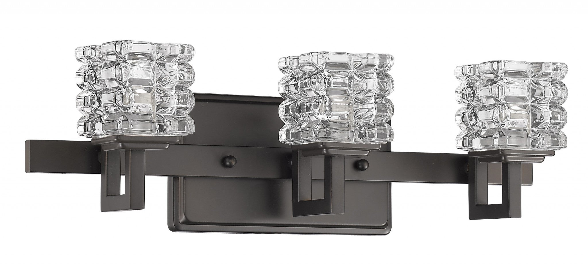 Angled view of the Coralie Three-light bronze wall vanity fixture with stacked clear crystal cube shades
