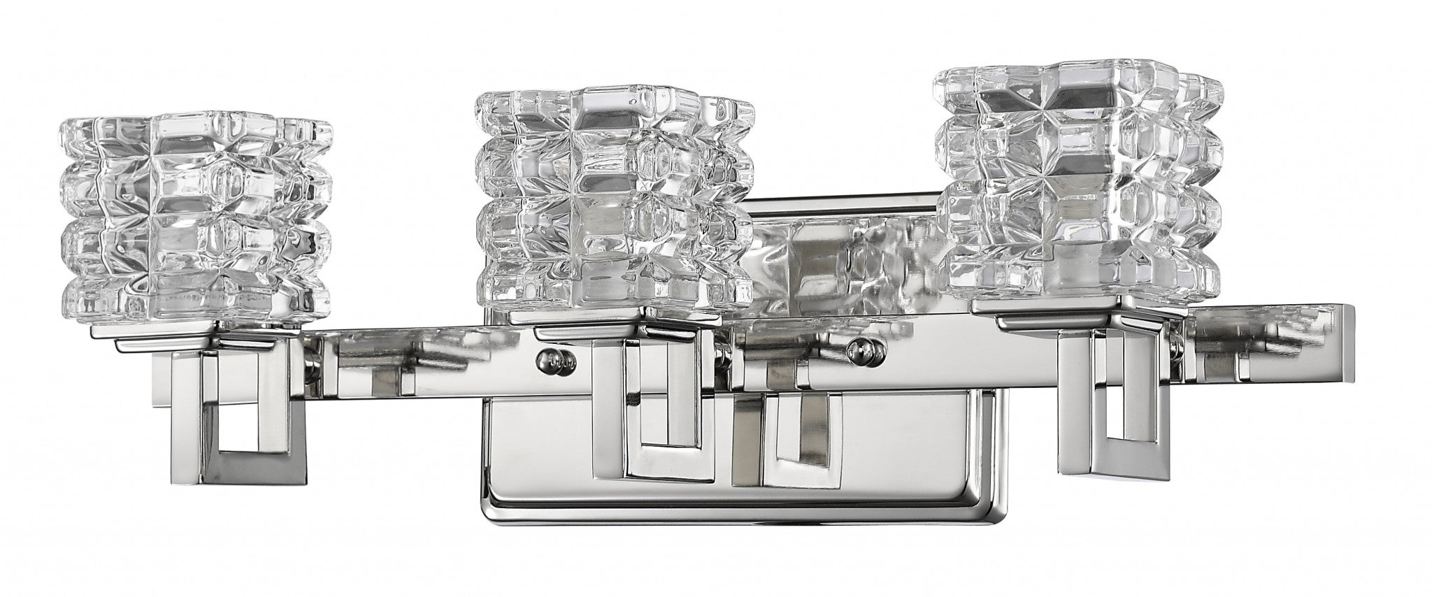 Coralie Three-light chrome vanity wall fixture with geometric crystal glass shades