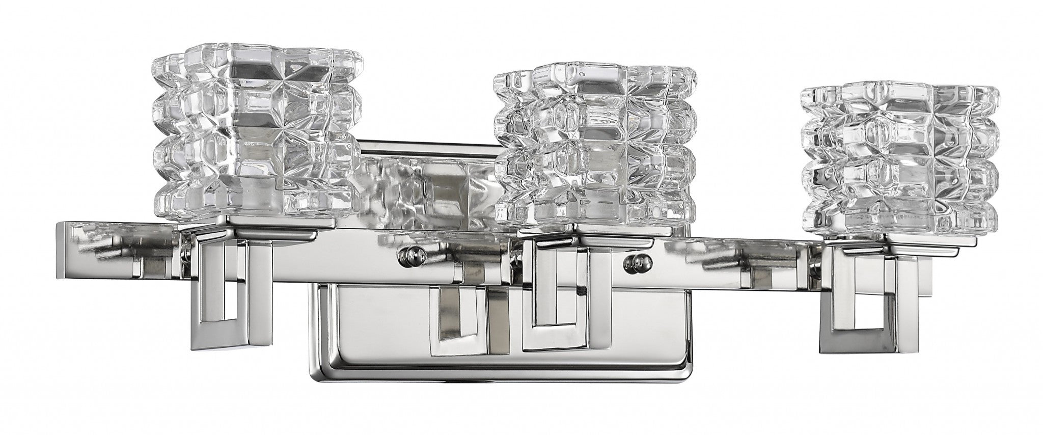 Angled view of the Coralie Three-light chrome vanity wall fixture with geometric crystal glass shades