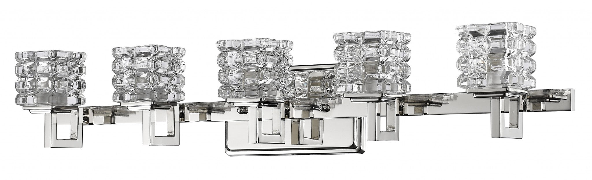 Five-light vanity wall fixture with polished chrome finish and textured glass cube shades