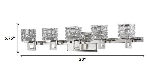Five-light vanity wall fixture with polished chrome finish and textured glass cube shades shown with dimensions