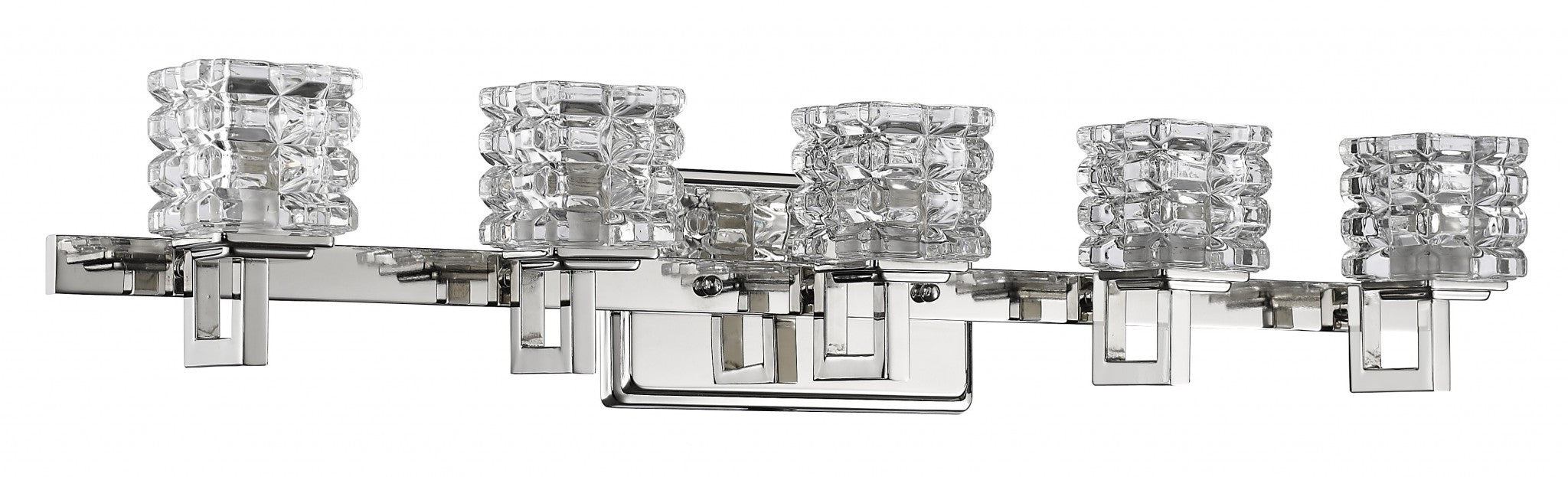 Angled view of the Five-light vanity wall fixture with polished chrome finish and textured glass cube shades
