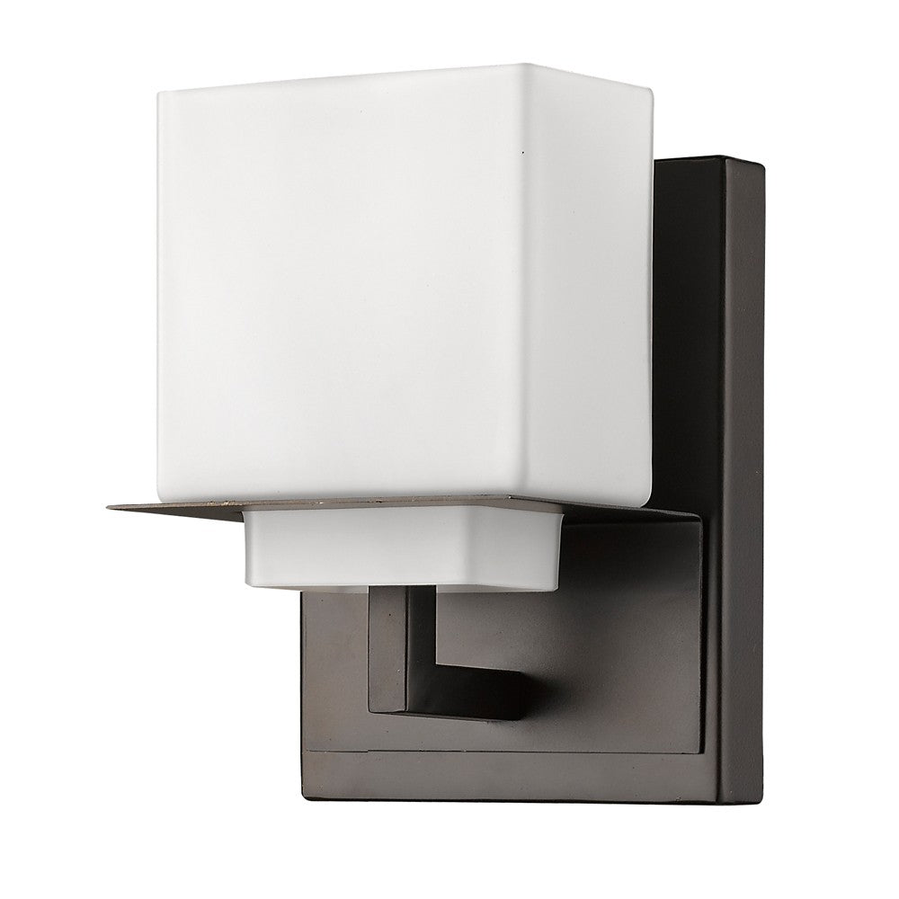 Single-light wall sconce with oil-rubbed bronze finish and square frosted glass shade