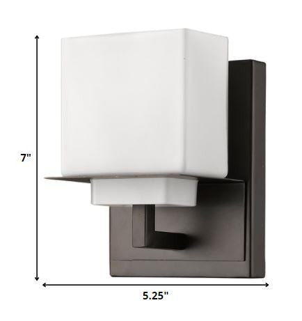 Single-light wall sconce with oil-rubbed bronze finish and square frosted glass shade shown with dimensions