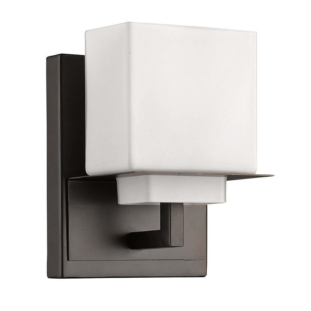 Angled view of the Single-light wall sconce with oil-rubbed bronze finish and square frosted glass shade