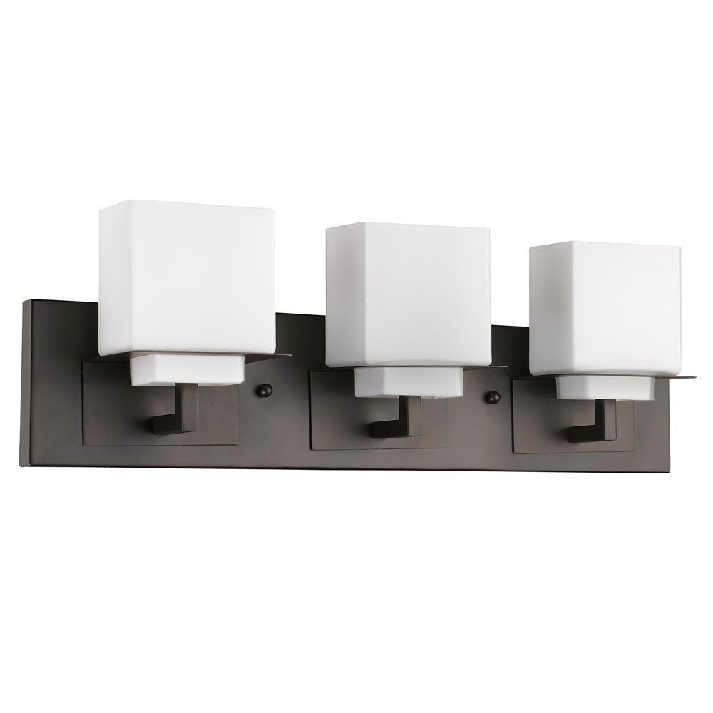 Rampart Oil-rubbed bronze three-light vanity fixture with modern square frosted glass shades