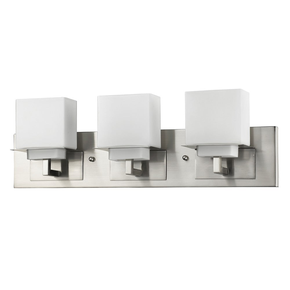 Brushed nickel three-light vanity fixture with square frosted glass shades