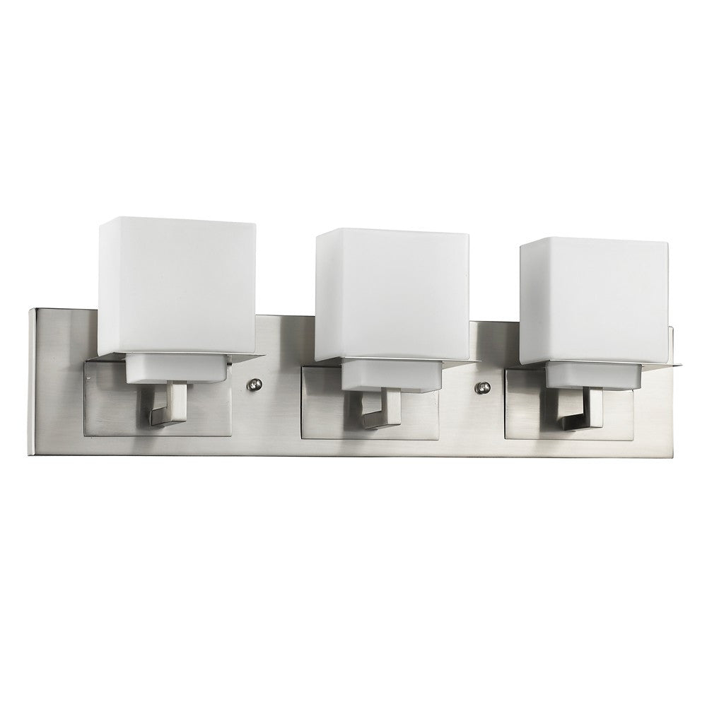 Angled view of a Brushed nickel three-light vanity fixture with square frosted glass shades