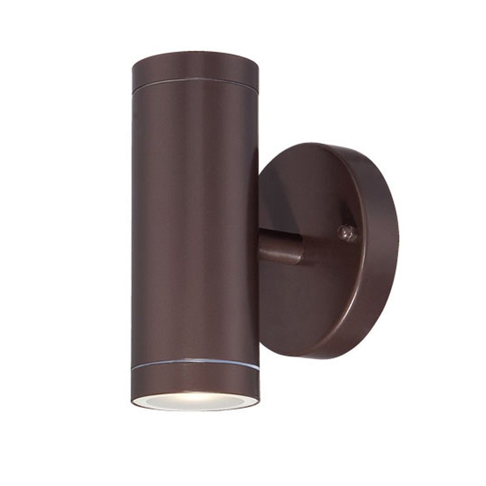 Bronze outdoor up and down cylindrical wall sconce with round backplate