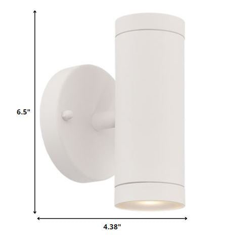 Modern white cylindrical up and down outdoor wall light with round backplate shown with dimensions