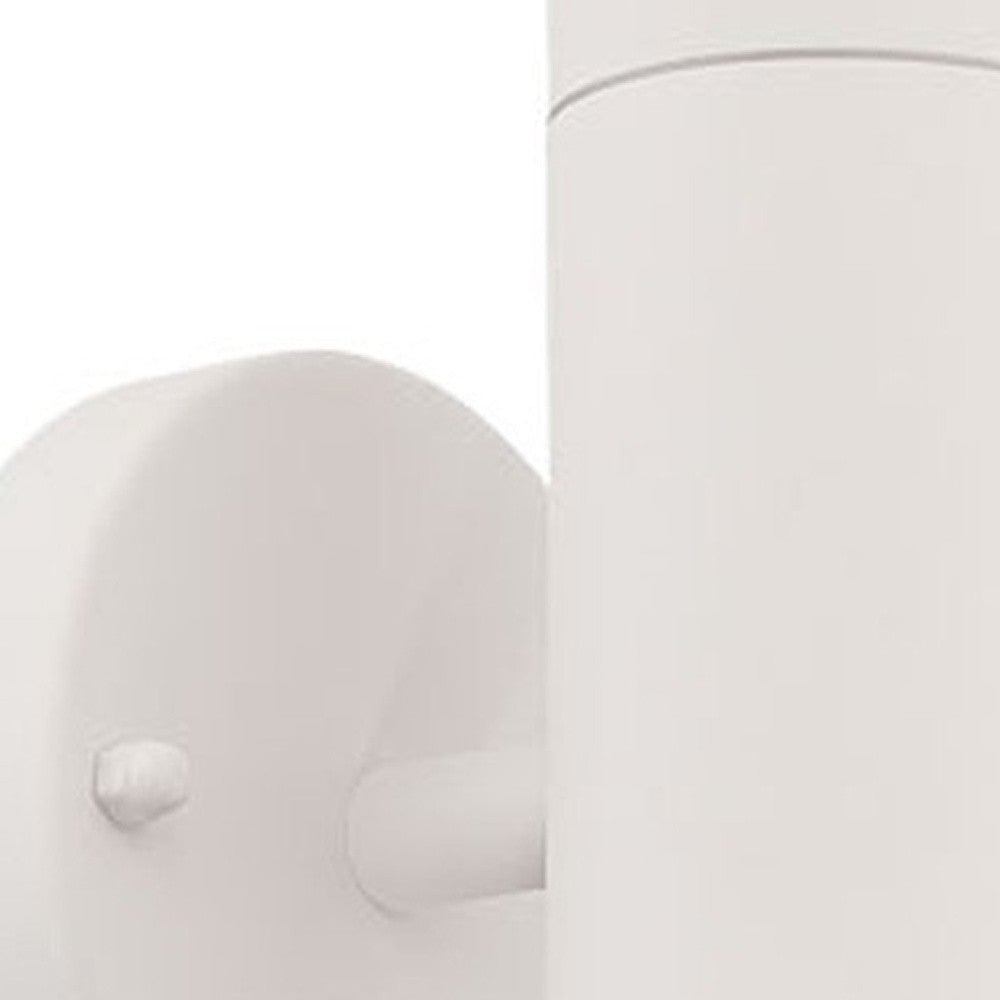 Zoomed-in view of wall plate arm of Modern white cylindrical up and down outdoor wall light with round backplate