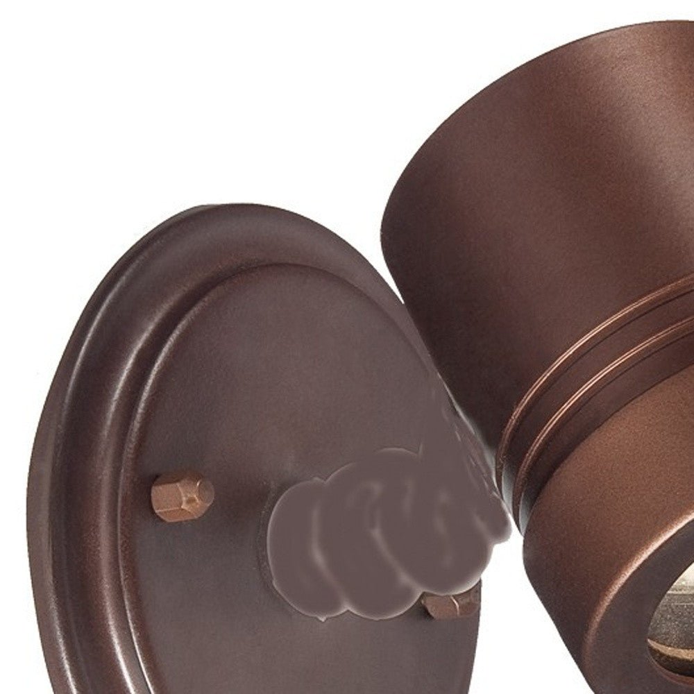 Close-up view of the wall plate and arm of Adjustable bronze outdoor wall spotlight with round backplate and modern cylindrical head