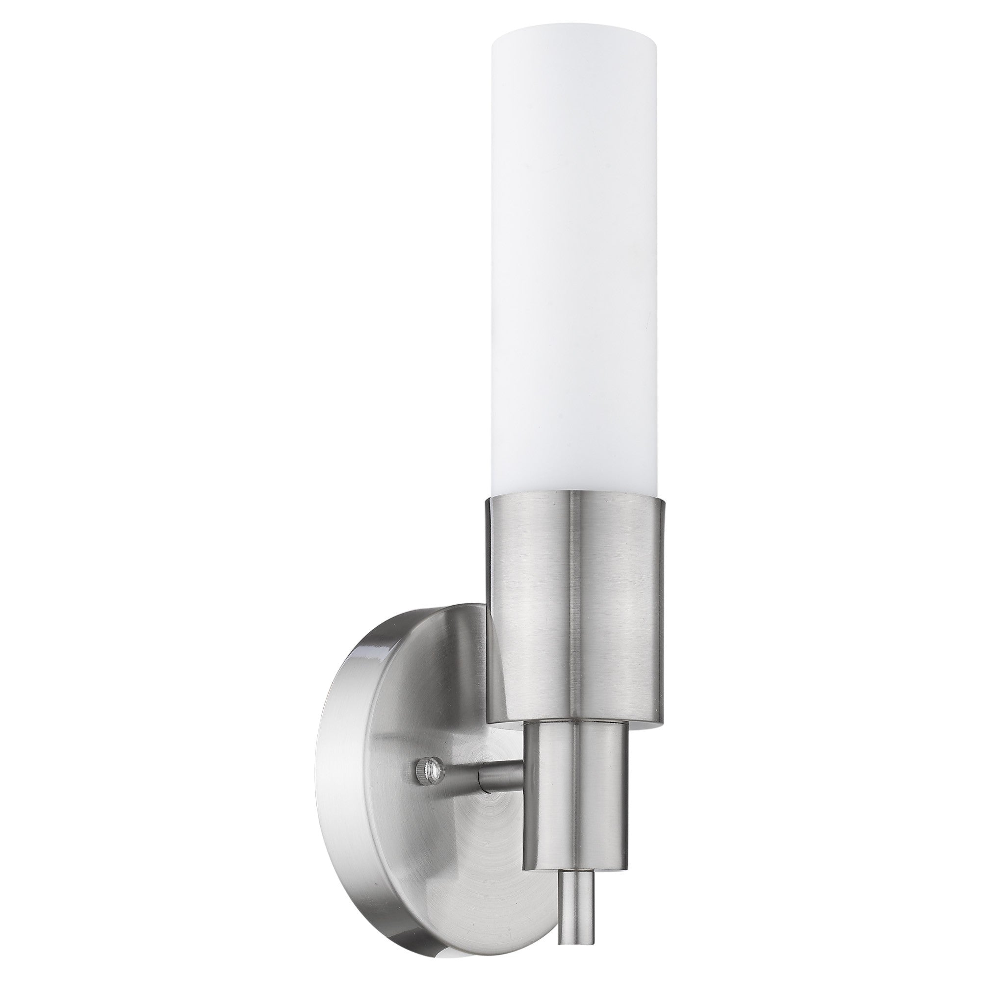 Modern brushed nickel wall sconce with cylindrical white glass shade and round backplate