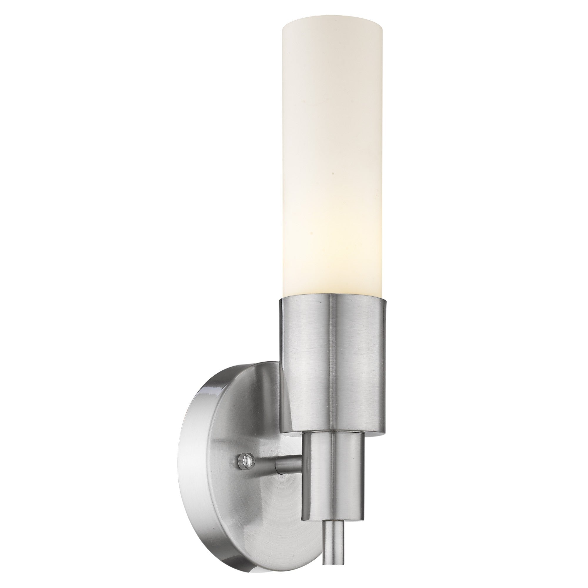 A side angled view of a lighted Modern brushed nickel wall sconce with cylindrical white glass shade and round backplate