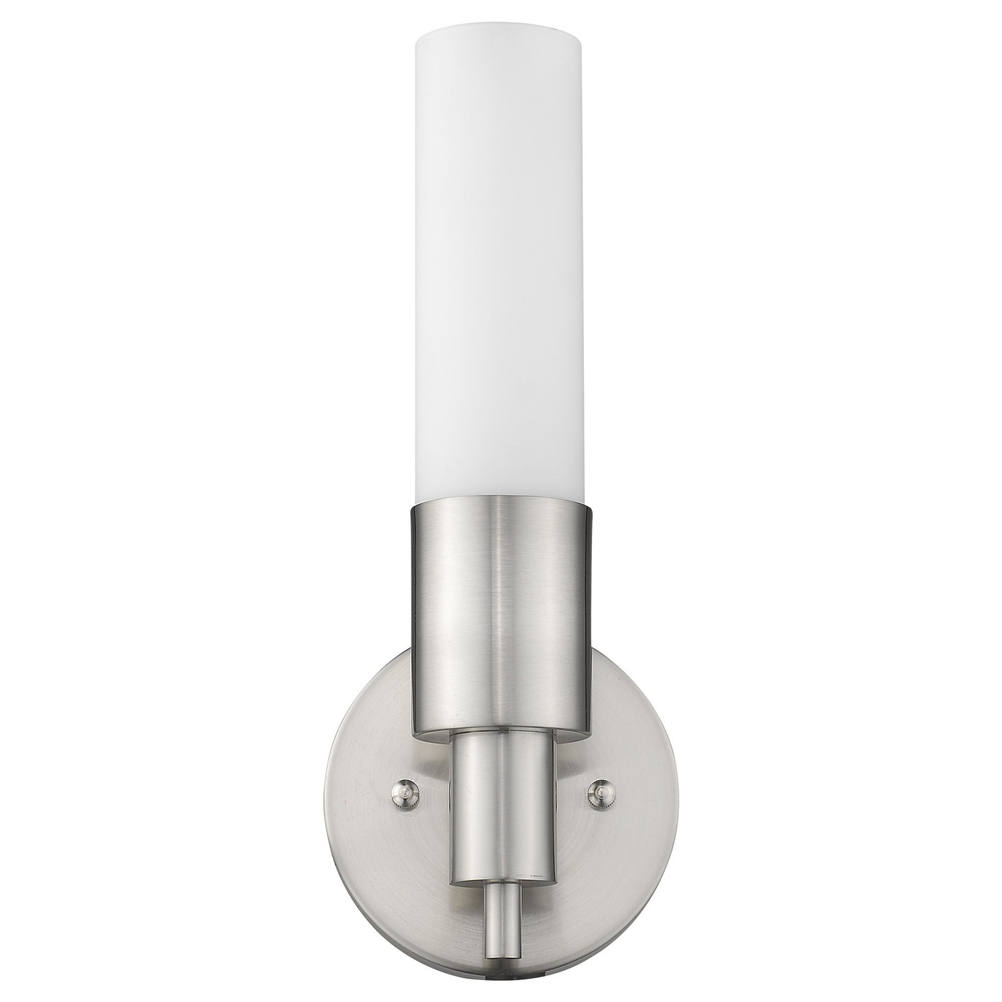 Front view of a Modern brushed nickel wall sconce with cylindrical white glass shade and round backplate