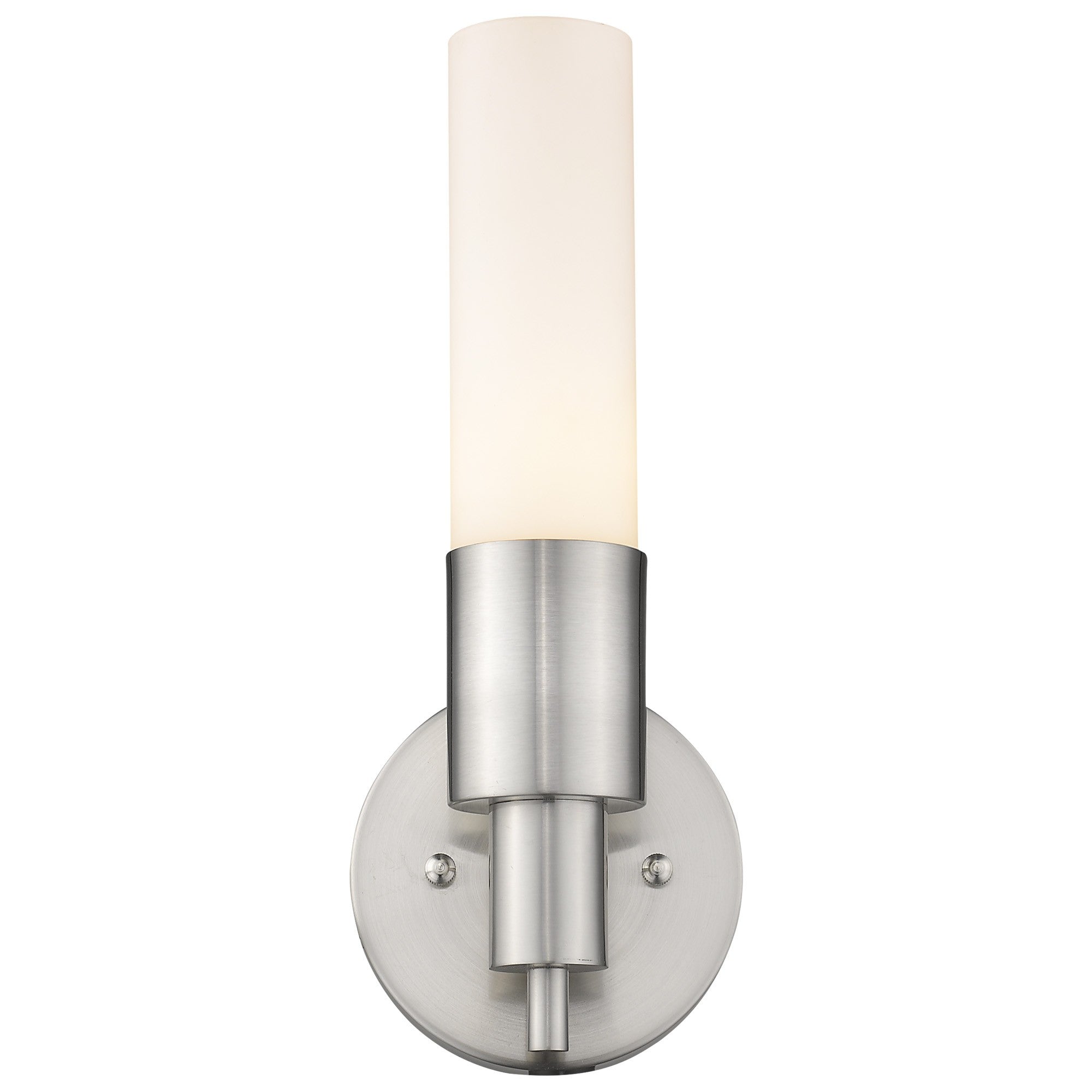 Front view of a lighted Modern brushed nickel wall sconce with cylindrical white glass shade and round backplate