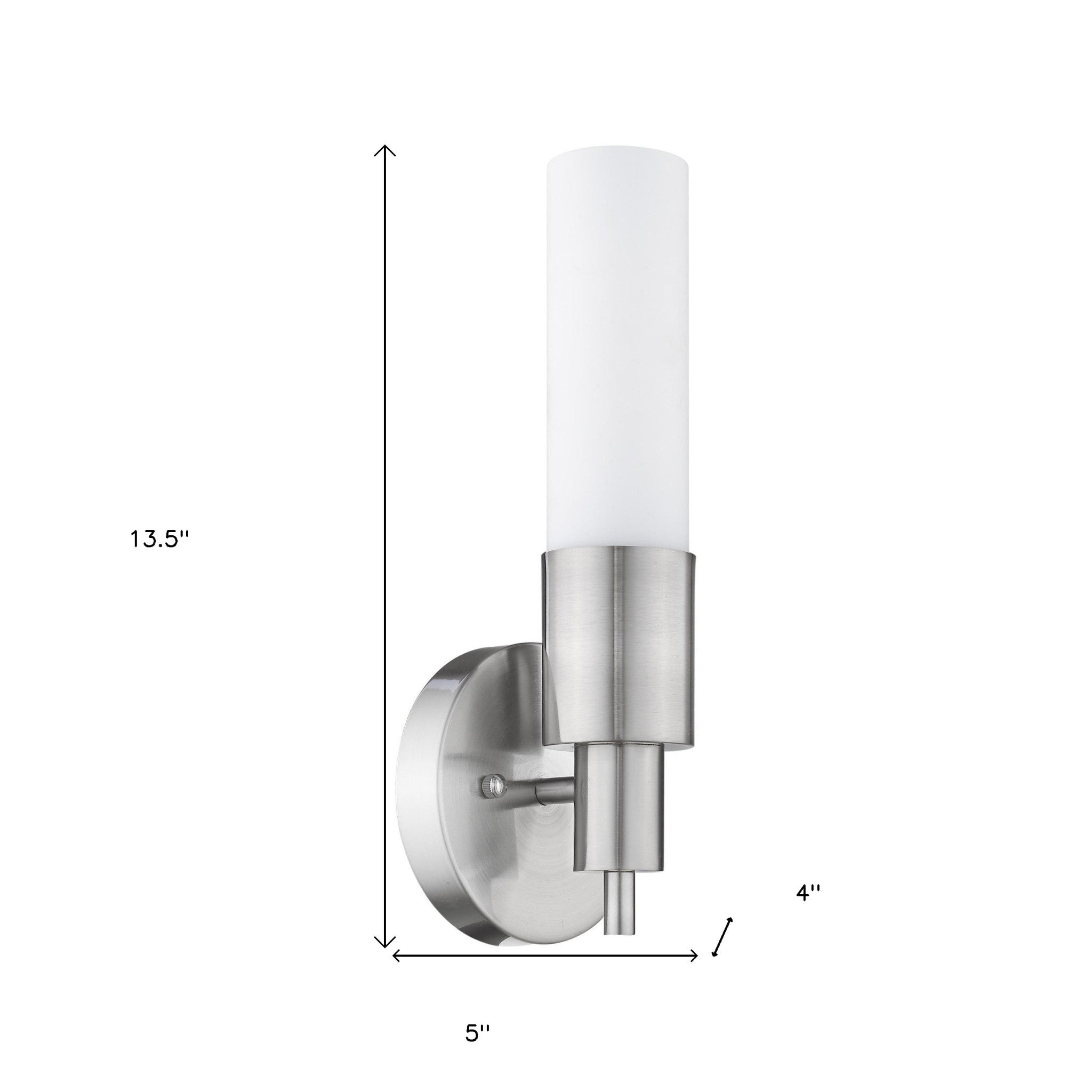 Modern brushed nickel wall sconce with cylindrical white glass shade and round backplate shown with dimensions
