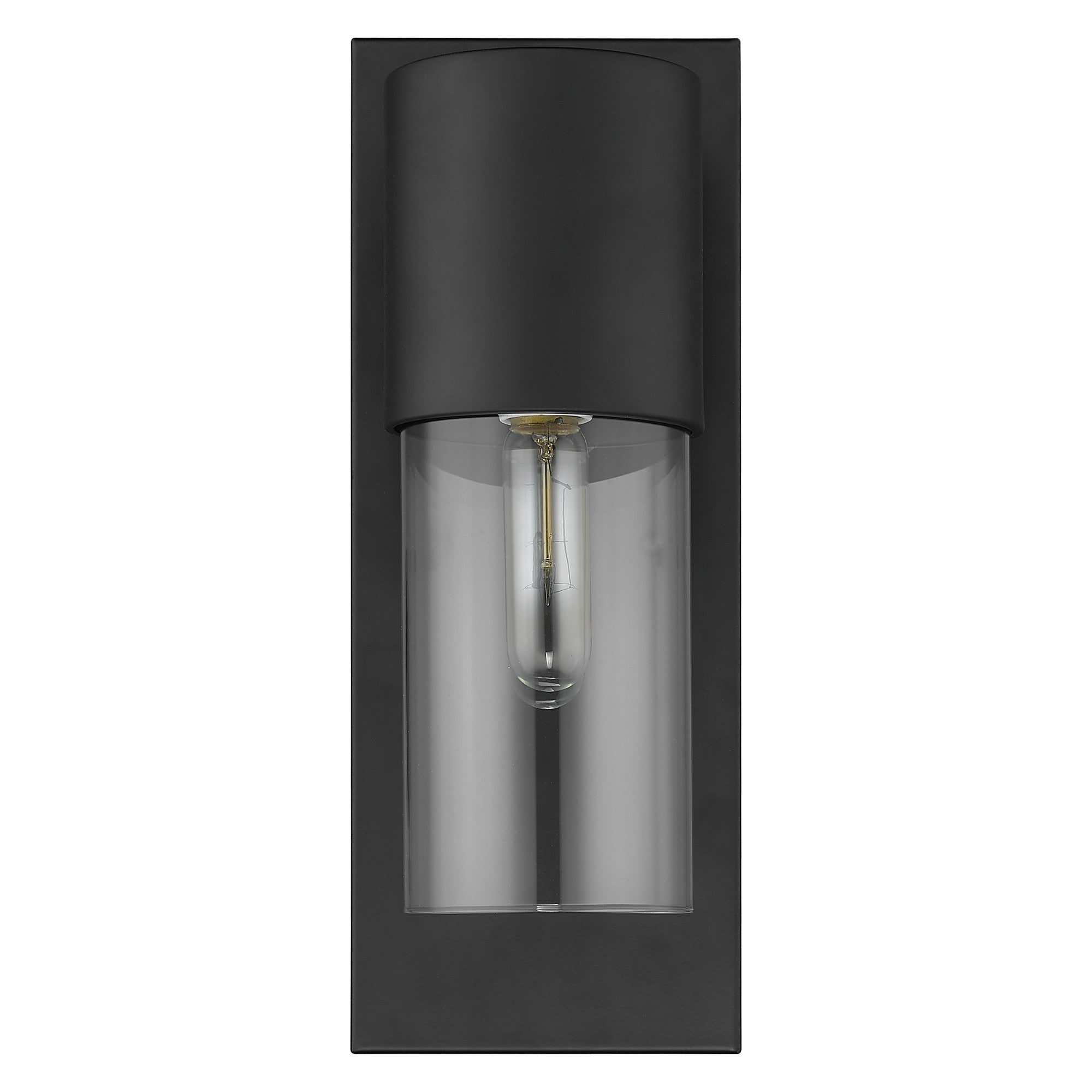 Front view of a Contemporary matte black wall sconce with clear cylindrical glass shade and rectangular backplate