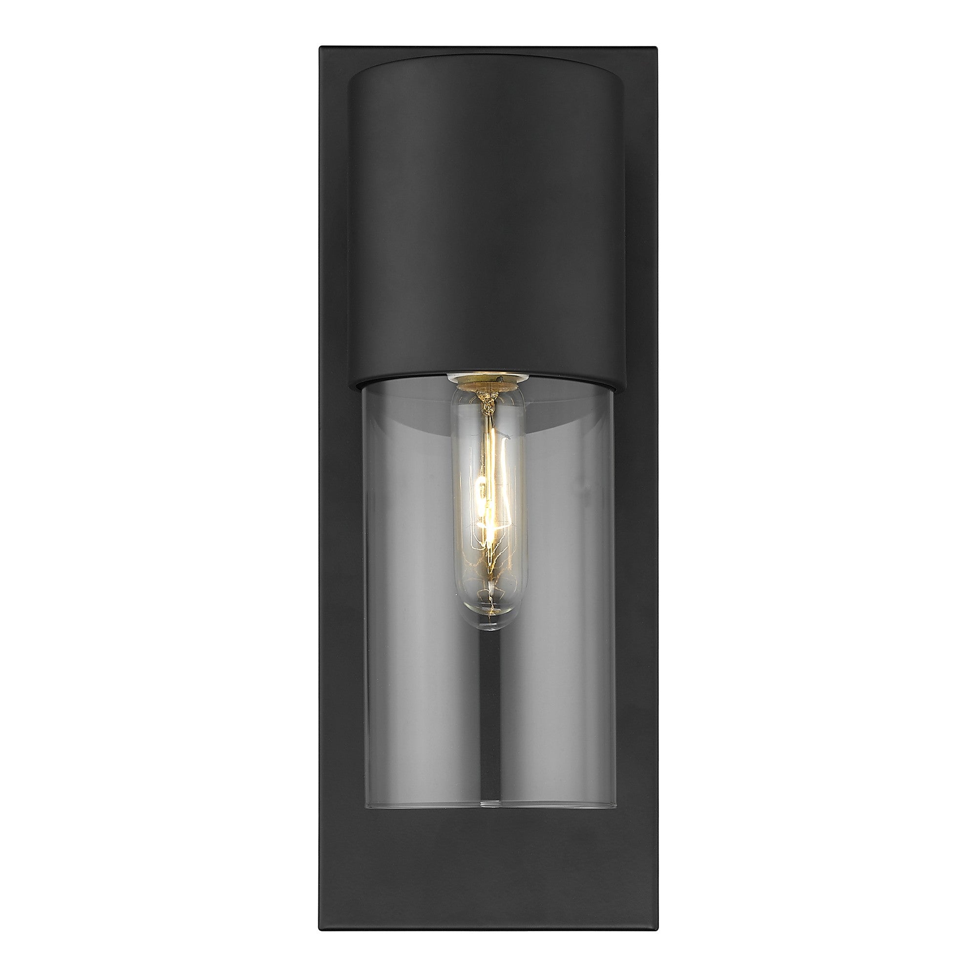 Front view of a lighted Contemporary matte black wall sconce with clear cylindrical glass shade and rectangular backplate