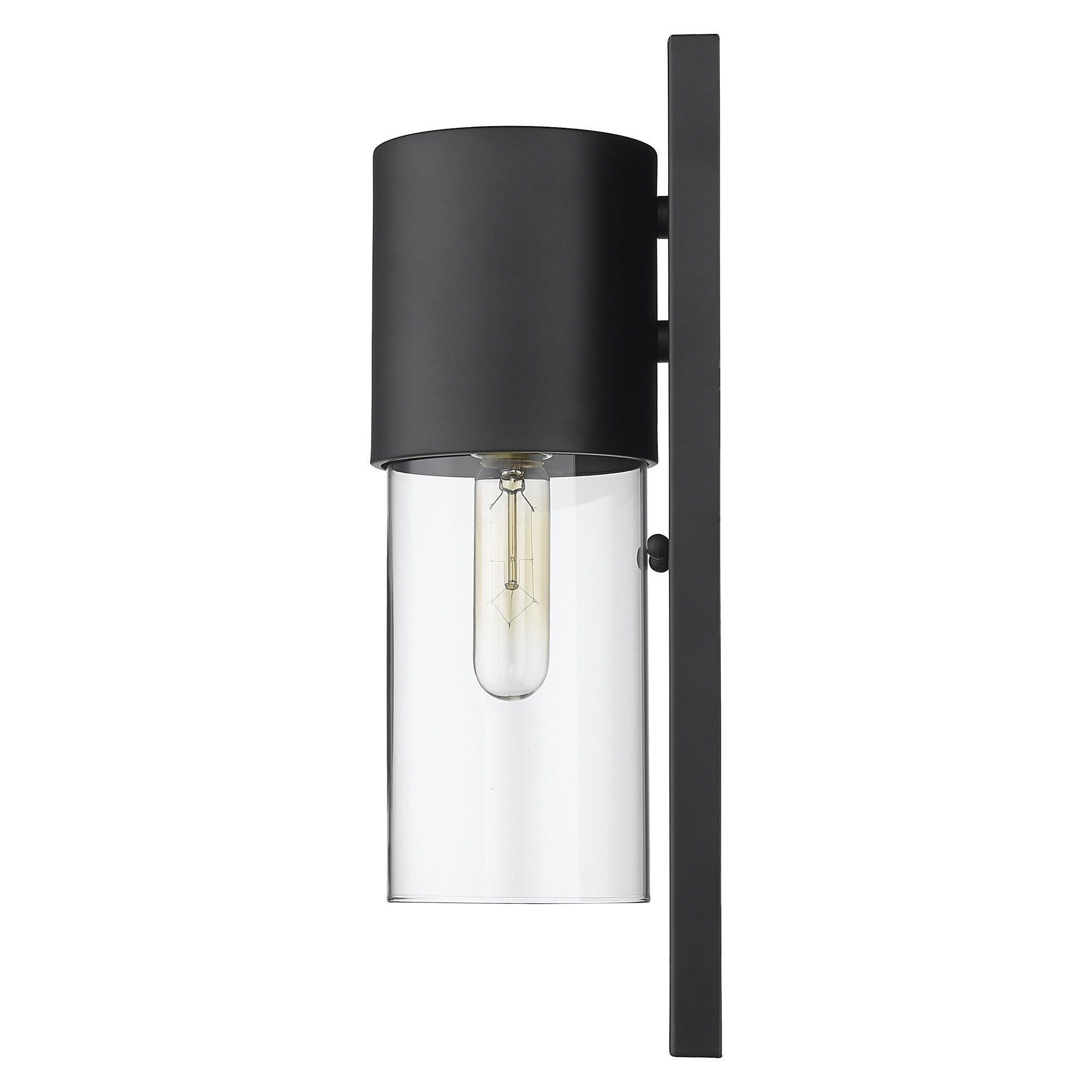 Side view if a lighted Contemporary matte black wall sconce with clear cylindrical glass shade and rectangular backplate