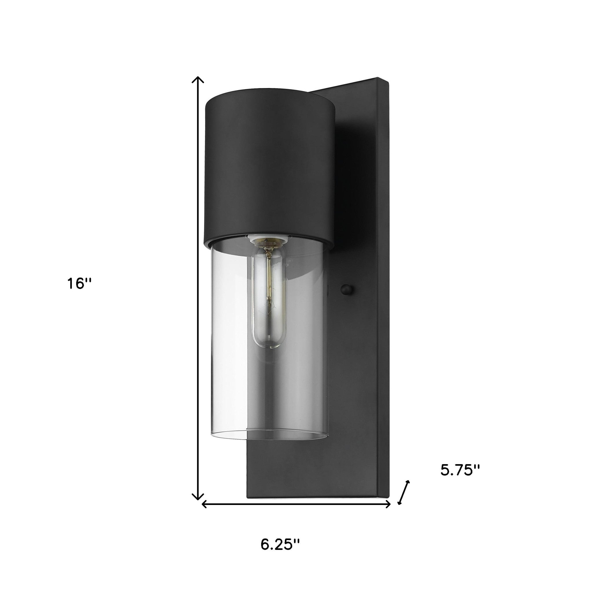 Contemporary matte black wall sconce with clear cylindrical glass shade and rectangular backplate shown with dimensions