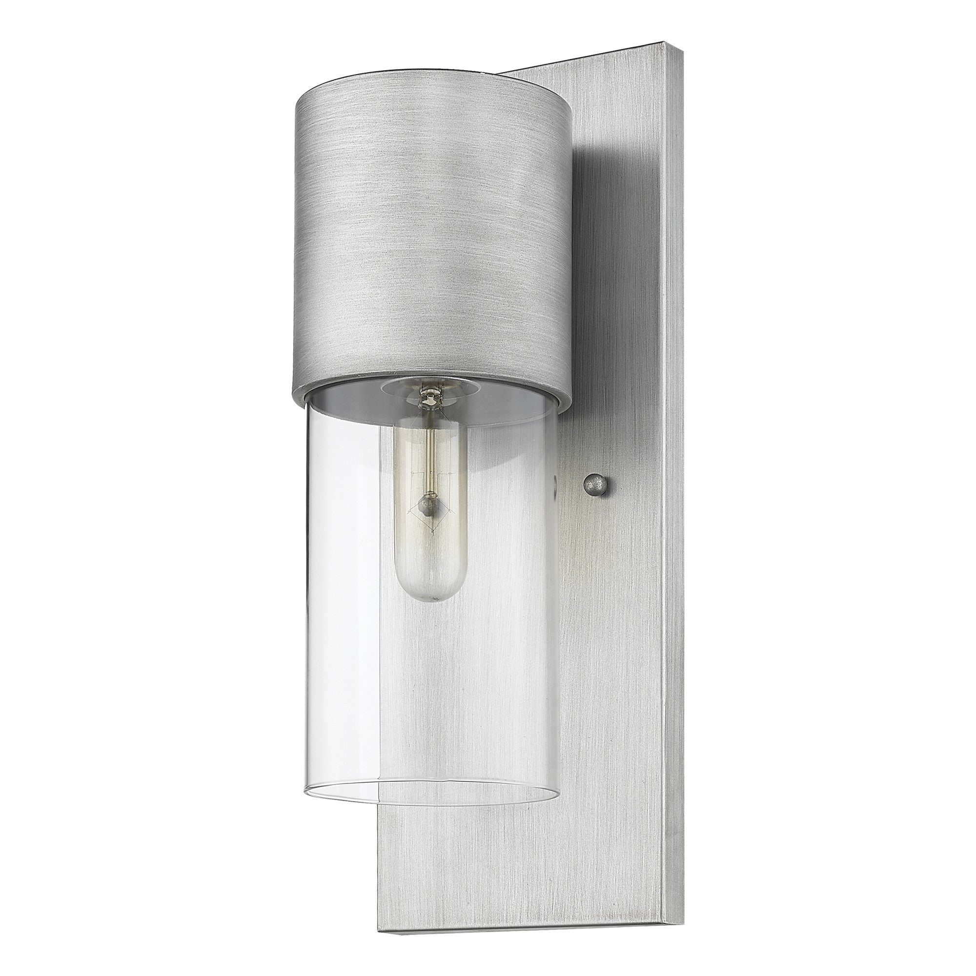 Angled view of a Modern brushed nickel wall sconce with clear cylindrical glass shade and vertical backplate